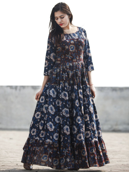 Indigo Brown Rust Long Hand Block Printed Cotton Tier Dress With Pintucks  - D180F613