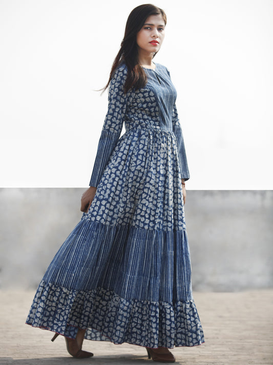 Indigo Ivory Long Hand Block Printed Long Cotton Tier Dress  - D139F1065