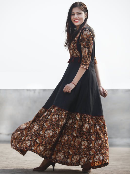 Black Rust Red White Hand Block Printed Cotton & Rayon Long Dress With Tassels - D181F1112