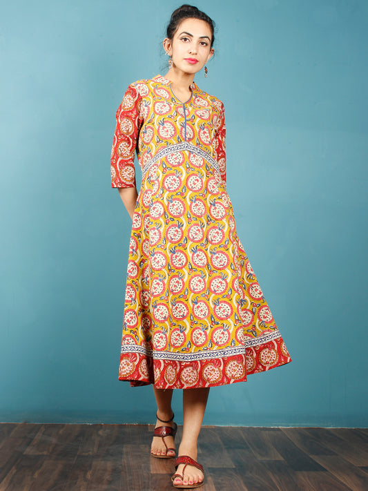 Mustard Coral Indigo Ivory Hand Block Printed Cotton Midi Dress - D243F1375