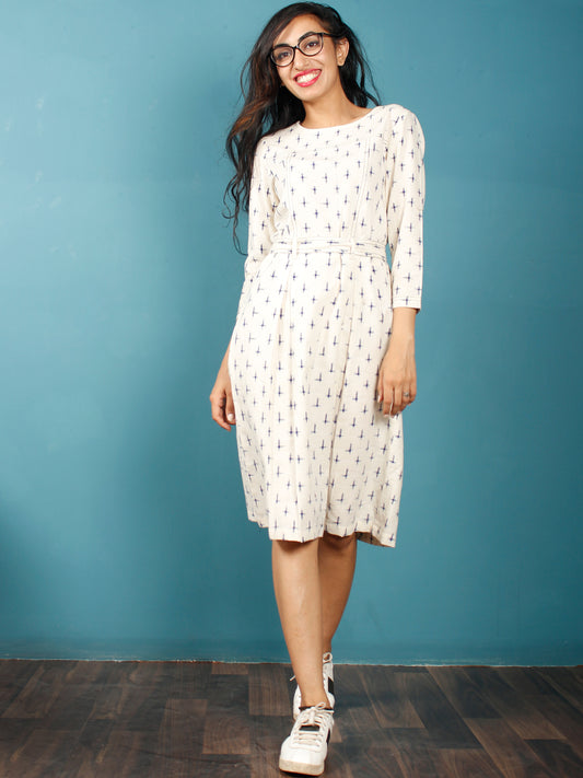 Ivory Indigo Double Ikat Handwoven Midi Dress With Belt - D247F1233