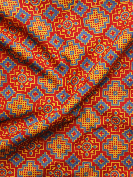 Red Blue Yellow Ajrakh Block Printed Cotton Fabric Per Meter - F003F979