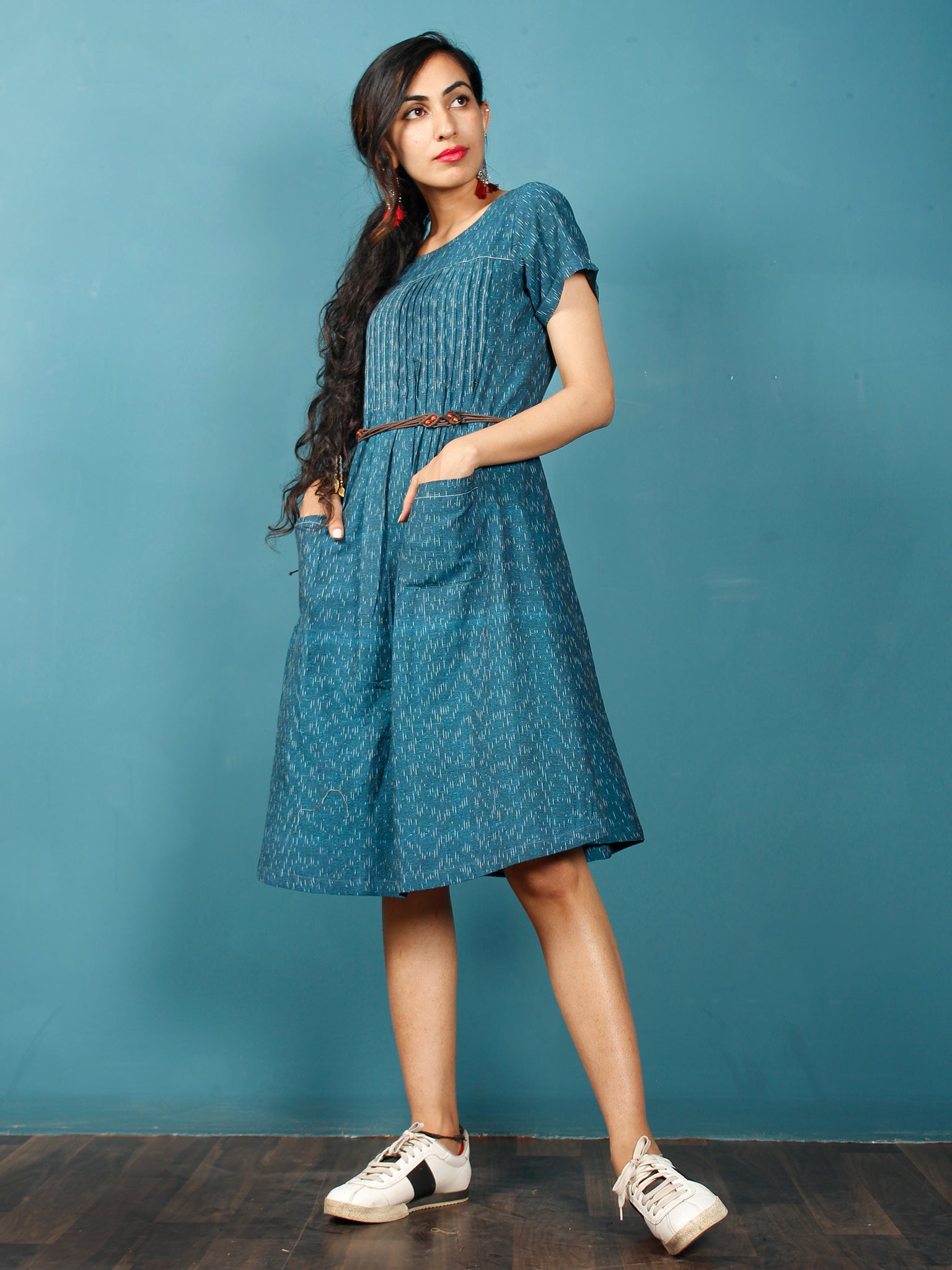Teal Blue White Ikat Handwoven Cotton Tunic Dress With Front Pockets ...