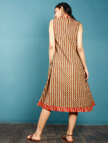 Olive Green Rust Beige Black Hand Block Printed Cotton Dress With front Pleats  - D255F1353