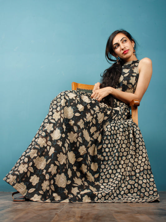 Black Indigo Beige Hand Block Printed Cotton Long Dress With Box And Knife Pleats  - D256F1360