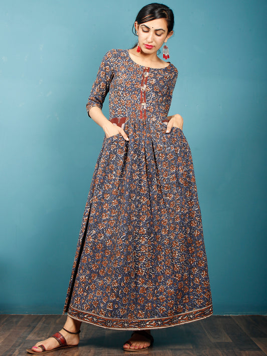 Indigo Black Brown Beige Hand Block Printed Cotton Long Dress With Front Pockets - D259F1378