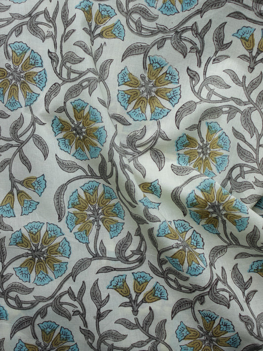 White Grey Olive Green Blue Hand Block Printed Cotton Fabric Per Meter - F001F991