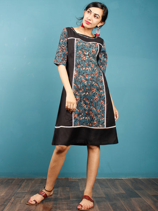 Black Blue Brown Beige Hand Block Printed Cotton Rayon Tunic Dress  - D264F1332