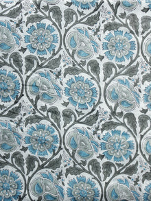 White Grey Blue Hand Block Printed Cotton Fabric Per Meter - F001F993