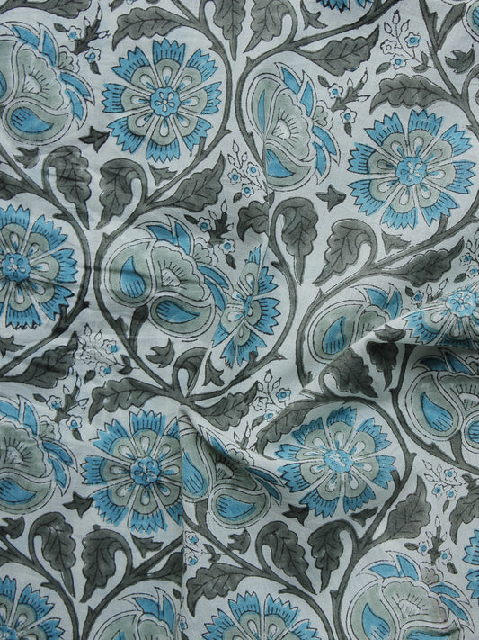 White Grey Blue Hand Block Printed Cotton Fabric Per Meter - F001F993