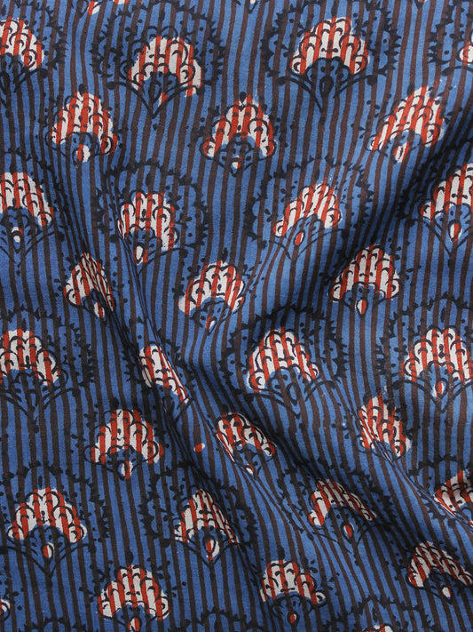 Indigo Ivory Black Maroon Hand Block Printed Cotton Fabric Per Meter - F001F998