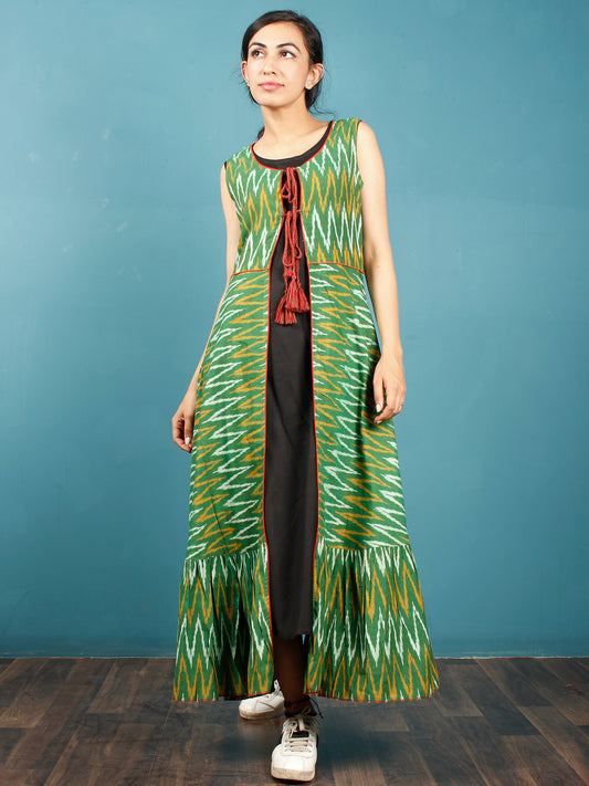 Green Mustard Black Hand Woven Ikat Cotton Cape Dress With Tassels  - D268F952