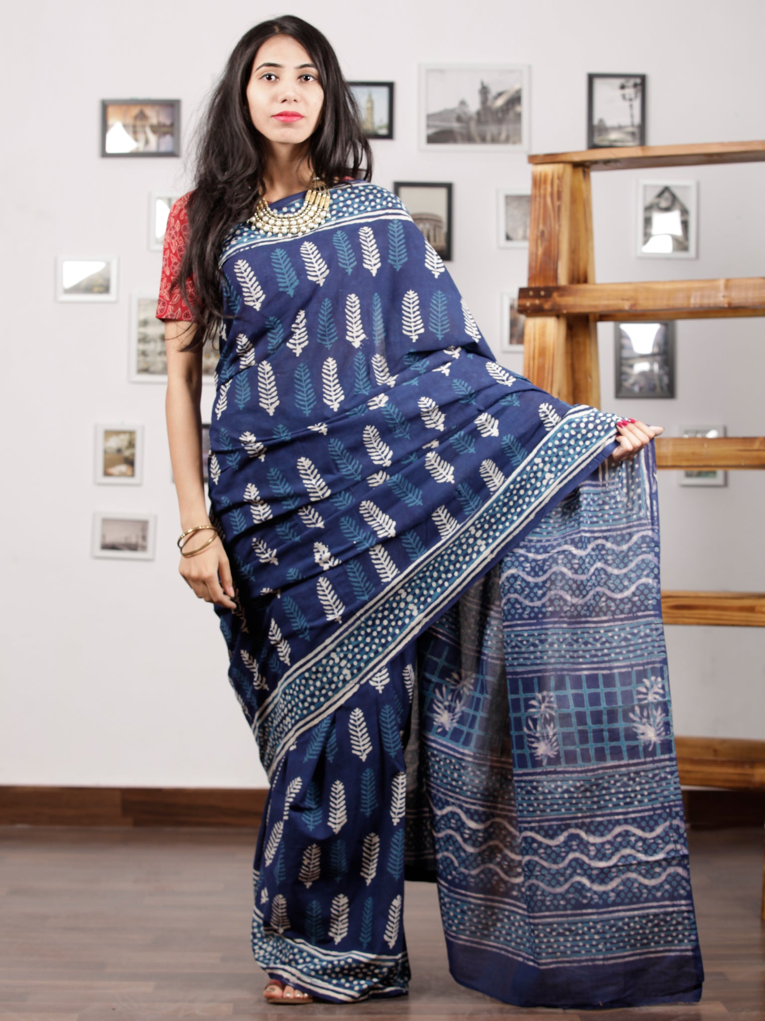 Indigo Blue White Hand Block Printed Cotton Mul Saree - S031703005 ...