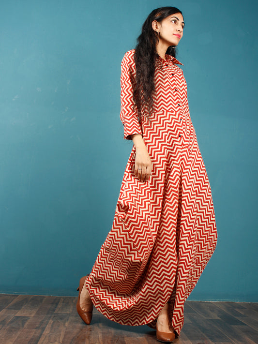 Red Beige Hand Block Printed Cotton Cowl Dress With Shirt Collar And Side Pockets - D269F1359