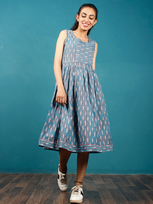 Blue Grey White Hand Woven Ikat Cotton Dress  - D272F1242