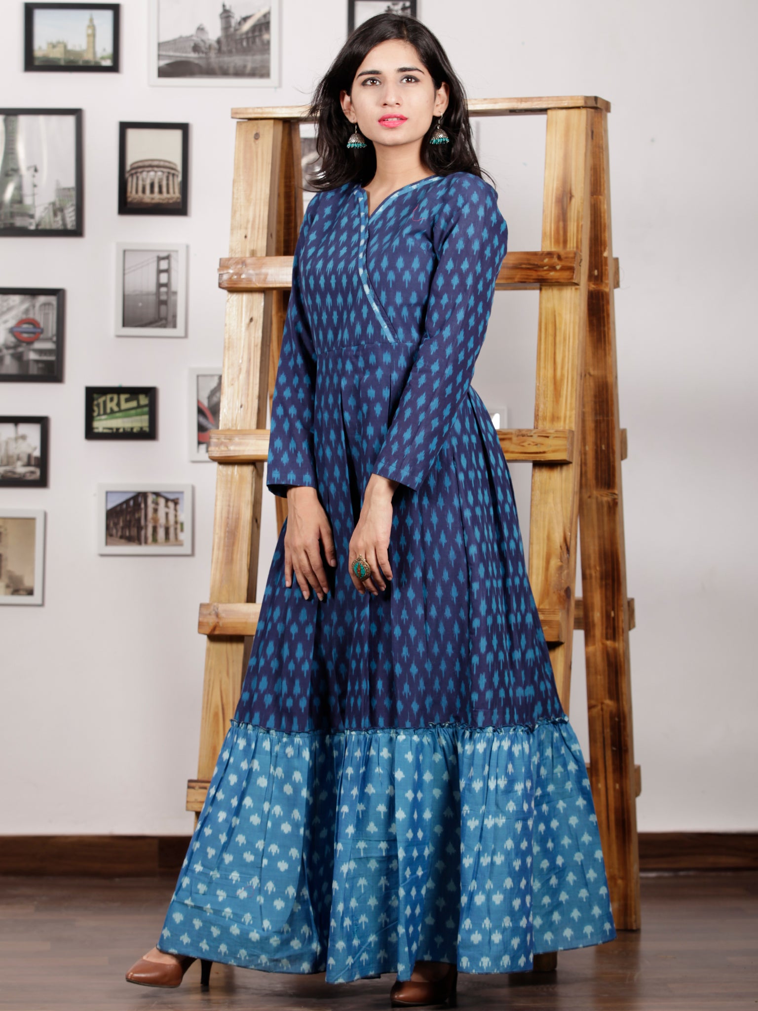 Indigo Blue Grey Handloom Mercerised Ikat Long Cotton Tier Dress With ...