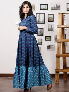 Indigo Blue Grey Handloom Mercerised Ikat Long Cotton Tier Dress With ...