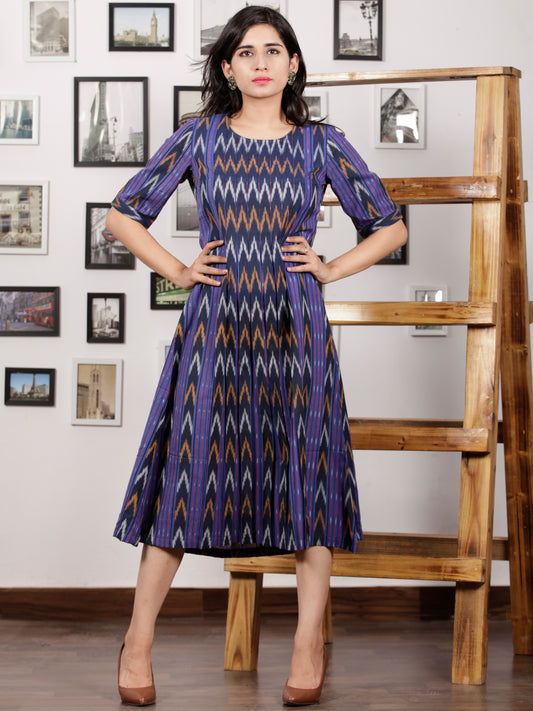 Purple Indigo Orange Ivory Hand Woven Ikat Cotton Dress With Front Box Pleats  - D196F1231