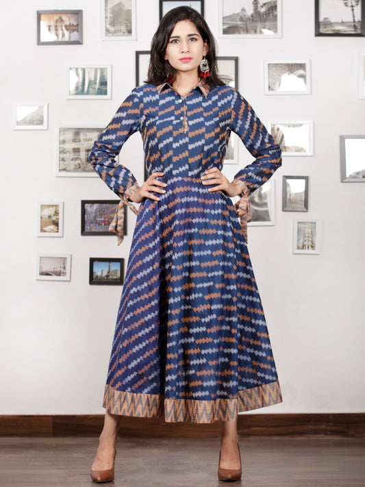 Blue Peach Grey White Handloom Mercerised Ikat Cotton Middi Dress With Collar & Knot Sleeves - D277F1405