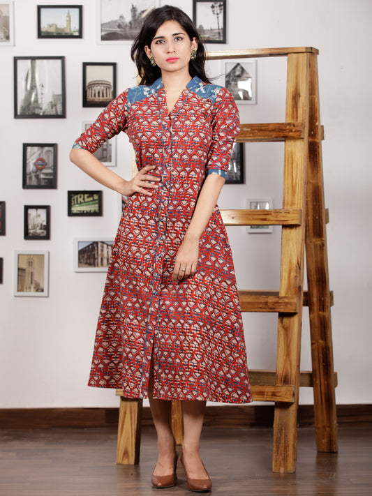 Red Indigo Ivory Hand Block Printed Cotton Dress With Front Open - D290F1382