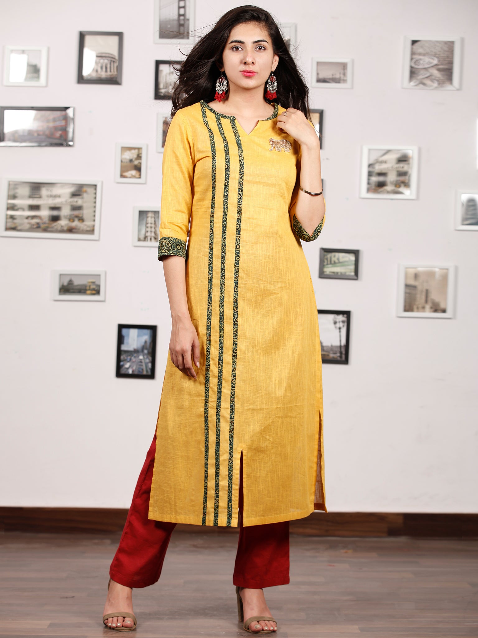 Yellow Green South Handloom Cotton Kurta With Ajrakh High Lighting - K ...