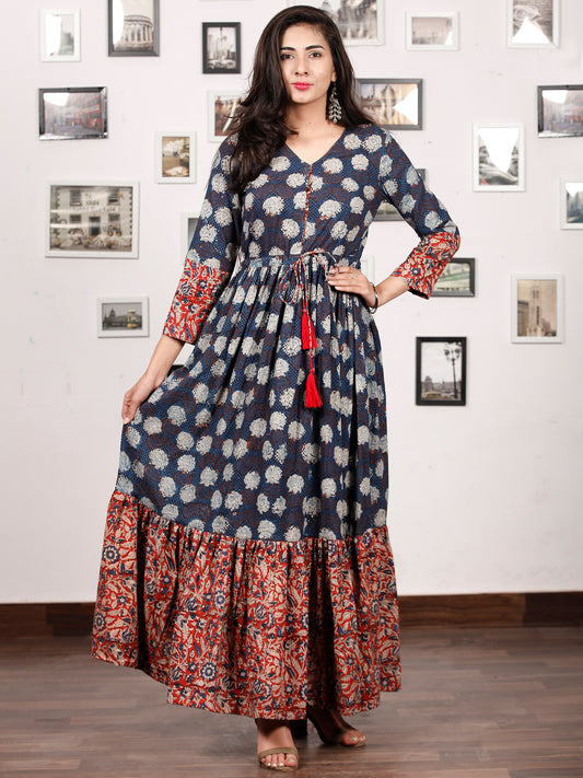 Floral Dress Up - Hand Block Printed Cotton Long Tie Up Waist Dress -  D170F1740