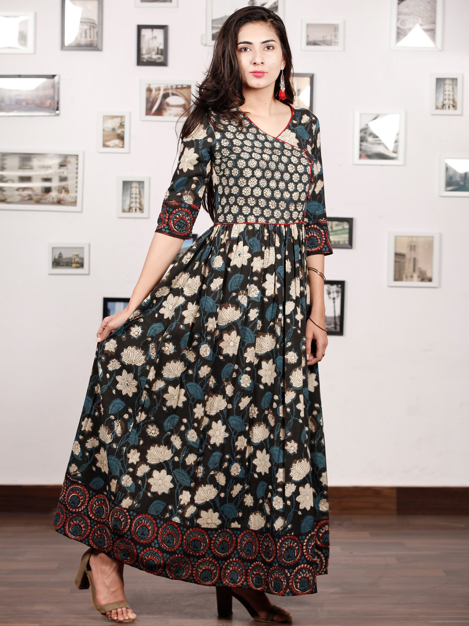 Naaz GARDENIA - Hand Block Printed Cotton Long Angrakha Dress - DS15F1 ...