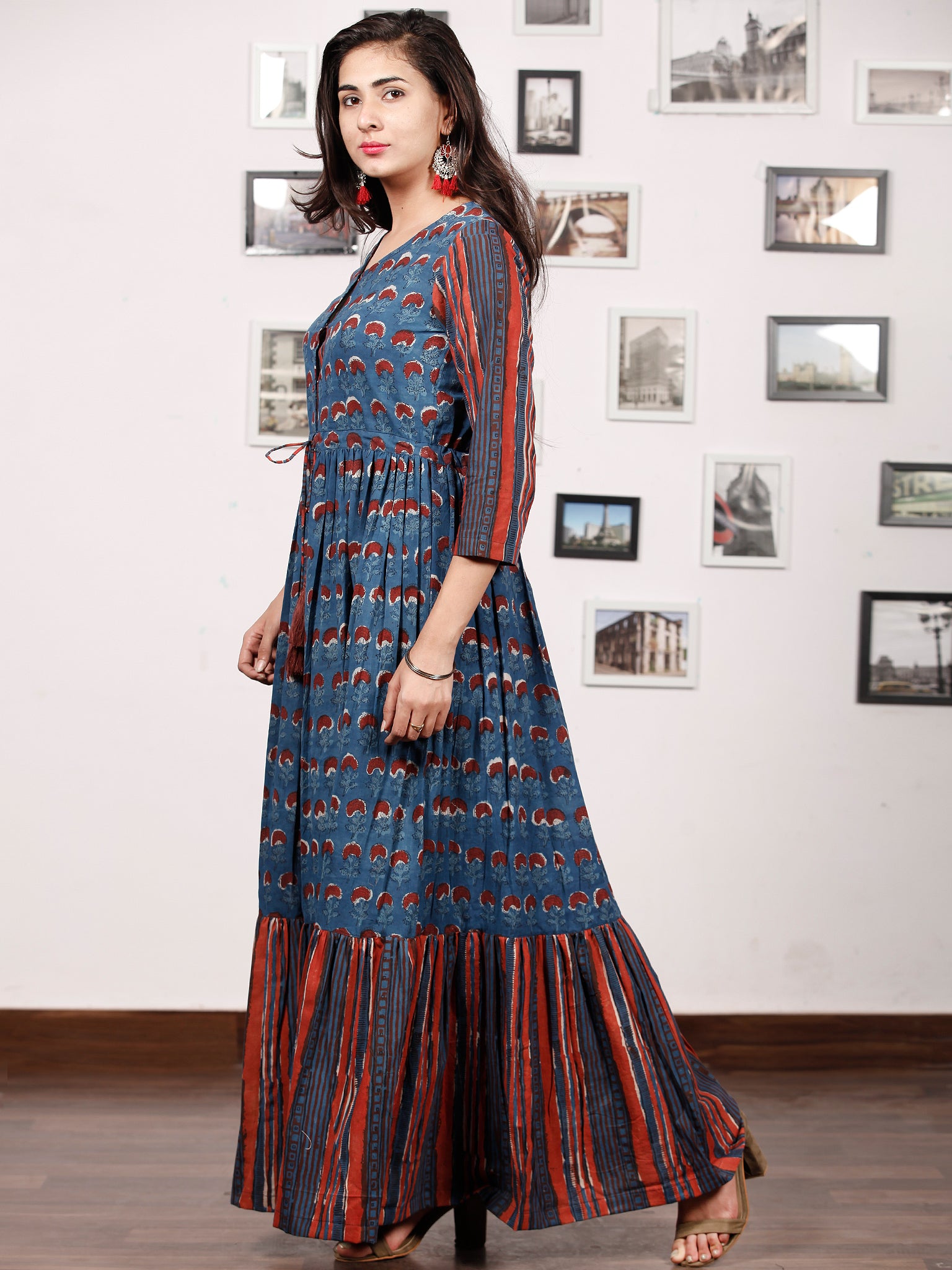 TRENDY RUSSET - Hand Block Printed Cotton Long Dress With Tie Up Waist ...