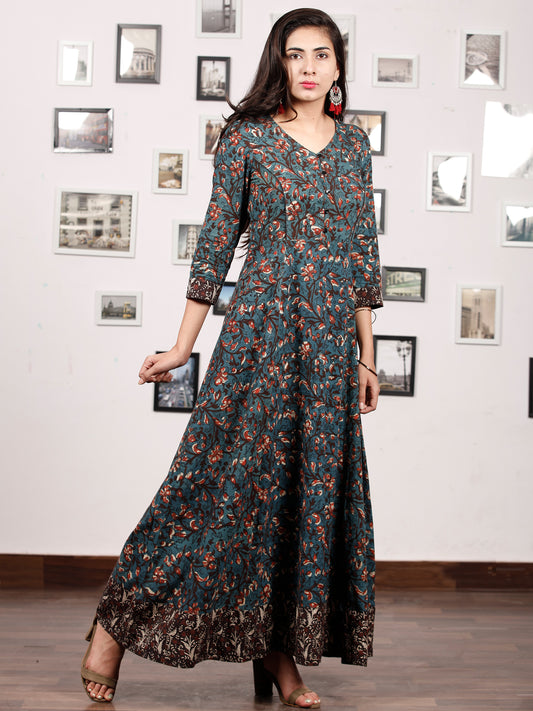 Forest Charm - Hand Block Printed Cotton Long Dress With Back Knots - D162F1332