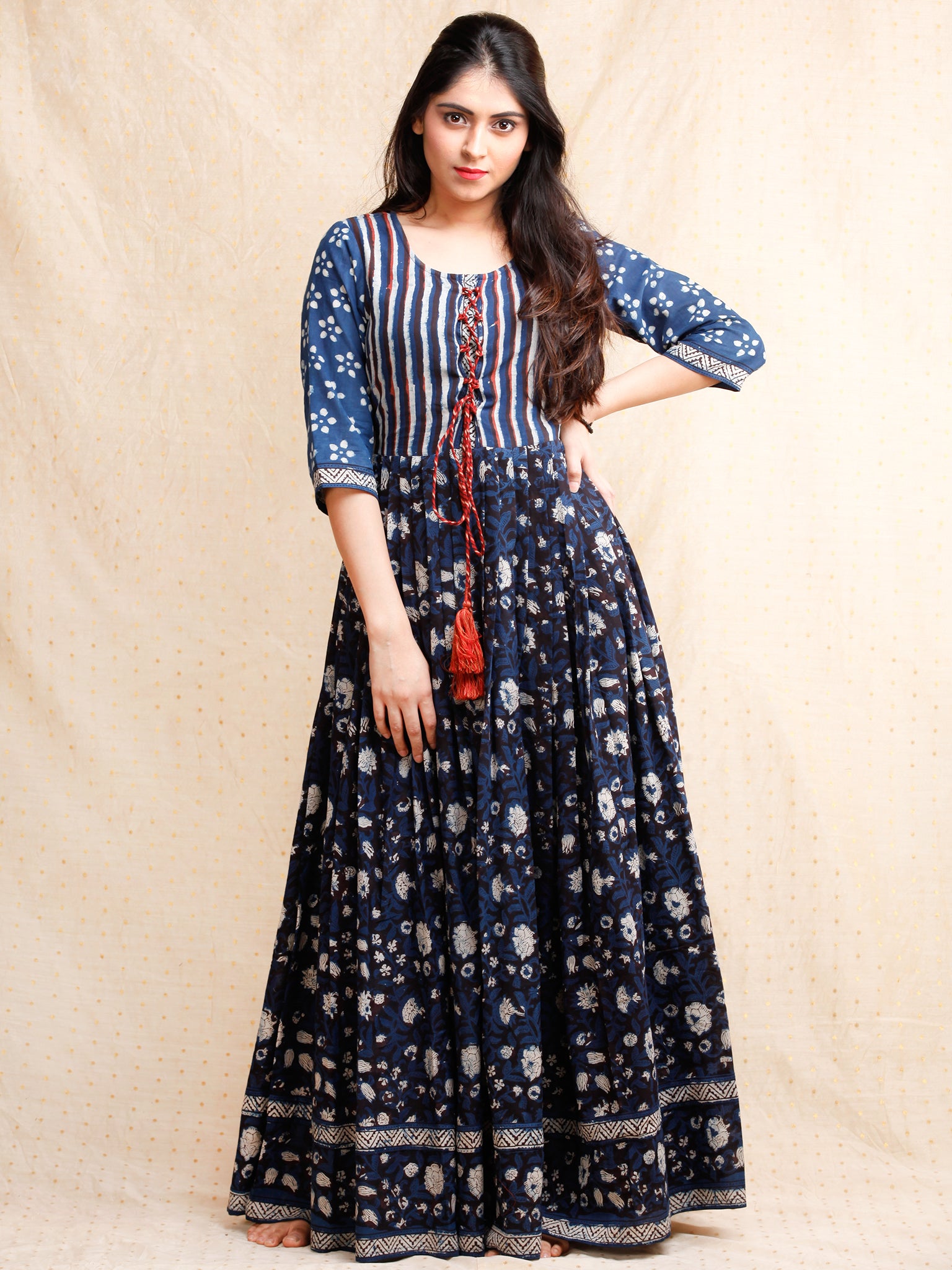 Naaz Nahiza - Hand Block Printed Long Cotton Pleated Dress With Tassel ...