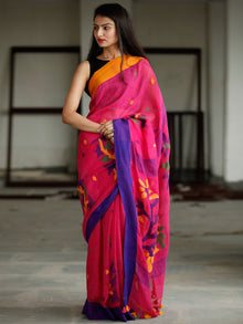 Pink Purple Blue Orange Handwoven Linen Jamdani Saree With Branch Motif - S031703771