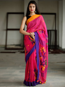 Pink Purple Blue Orange Handwoven Linen Jamdani Saree With Branch Motif - S031703771