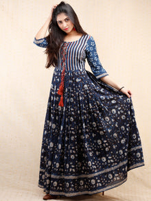 Naaz Nahiza - Hand Block Printed Long Cotton Pleated  Dress With Tassels - DS86F001