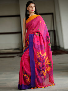 Pink Purple Blue Orange Handwoven Linen Jamdani Saree With Branch Motif - S031703771