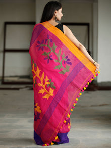 Pink Purple Blue Orange Handwoven Linen Jamdani Saree With Branch Motif - S031703771