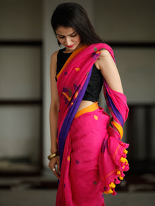 Pink Purple Blue Orange Handwoven Linen Jamdani Saree With Branch Motif - S031703771