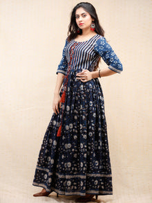 Naaz Nahiza - Hand Block Printed Long Cotton Pleated  Dress With Tassels - DS86F001