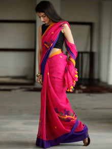 Pink Purple Blue Orange Handwoven Linen Jamdani Saree With Branch Motif - S031703771