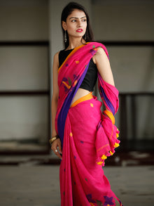 Pink Purple Blue Orange Handwoven Linen Jamdani Saree With Branch Motif - S031703771