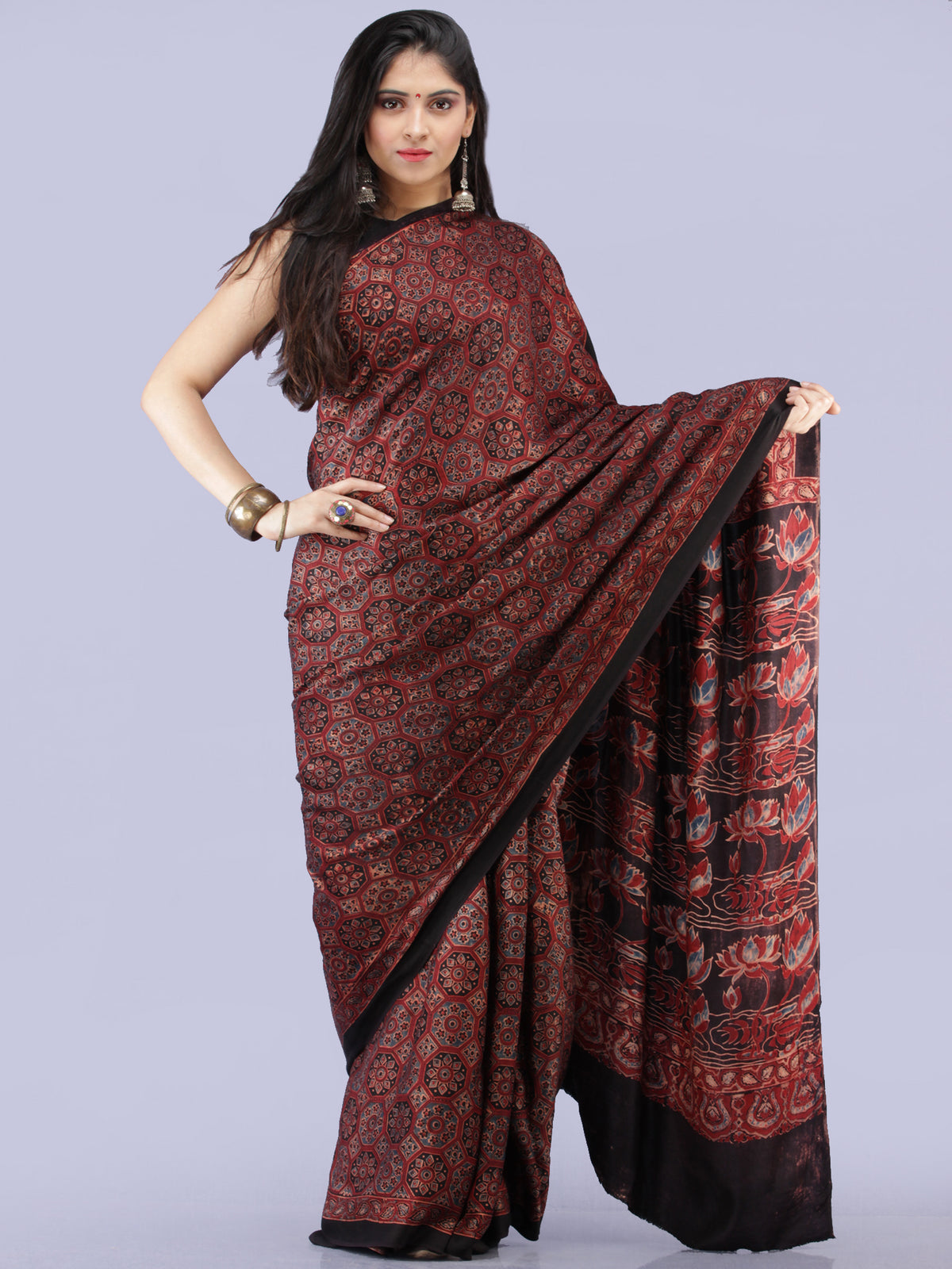 Maroon Black Indigo Ajrakh Hand Block Printed Modal Silk Saree - S031704235