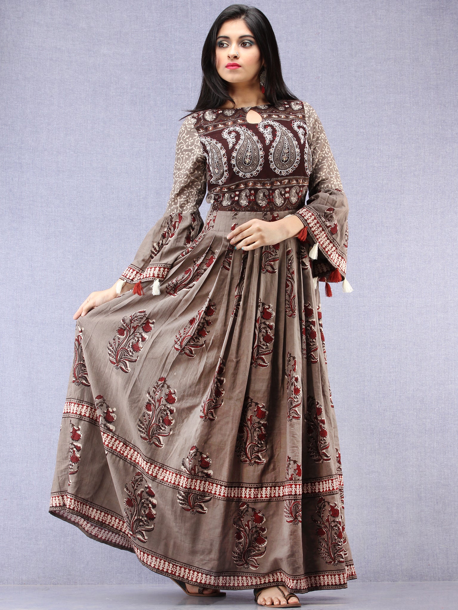 Naaz Asmaa - Hand Block Mughal Printed Long Cotton Embroidered Dress ...