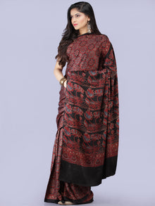 Maroon Black Indigo Ajrakh Hand Block Printed Modal Silk Saree - S031704235