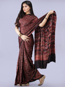 Maroon Black Indigo Ajrakh Hand Block Printed Modal Silk Saree - S031704235