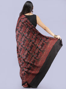 Maroon Black Indigo Ajrakh Hand Block Printed Modal Silk Saree - S031704235