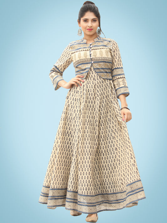 Naaz Dil Ara - Hand Block Printed Long Cotton Panel Dress With Embroidered Jacket - DS108F0001