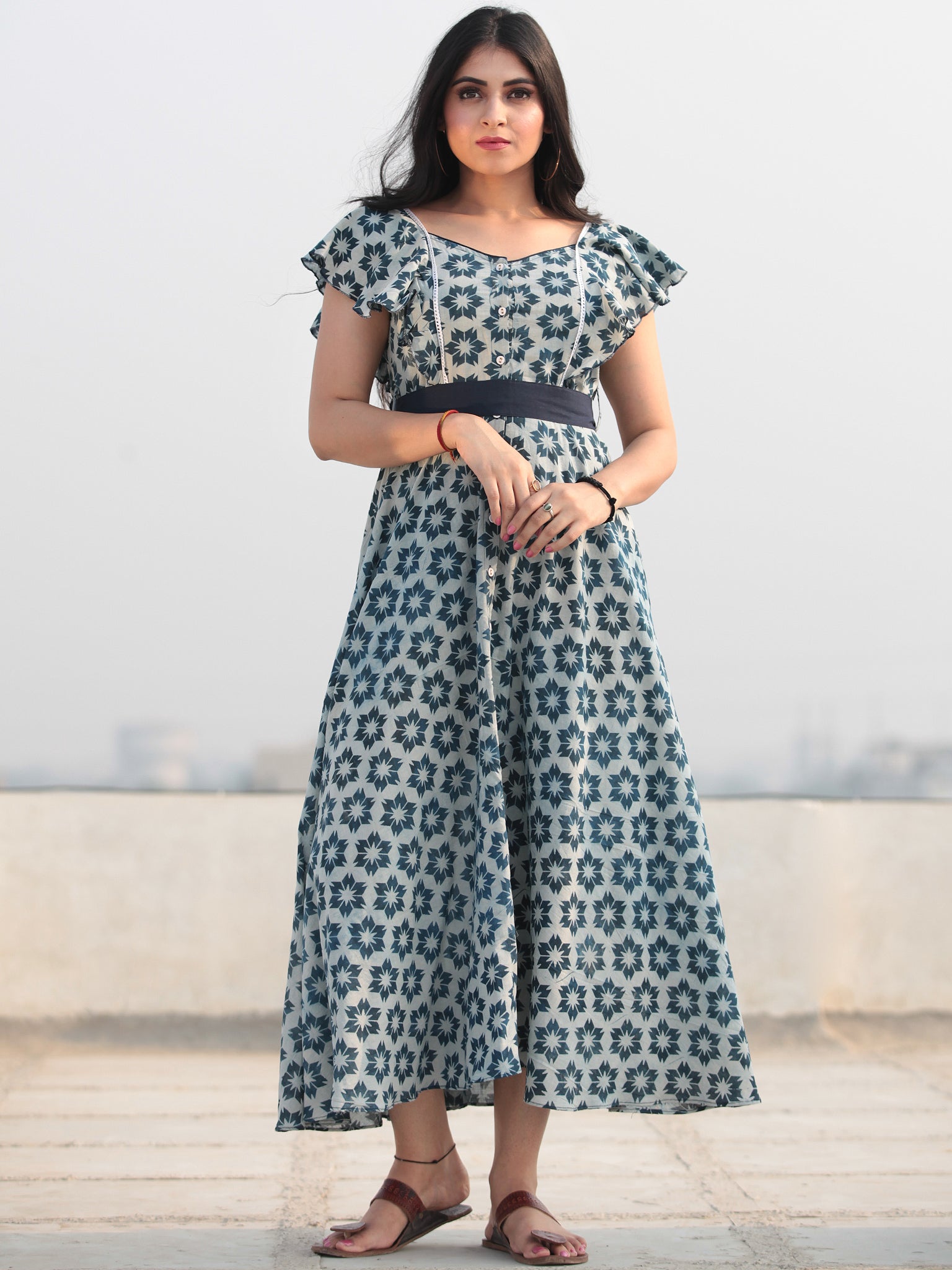 Blue Star - Hand Block Printed Front Open Cotton Dress D462F771 – InduBindu