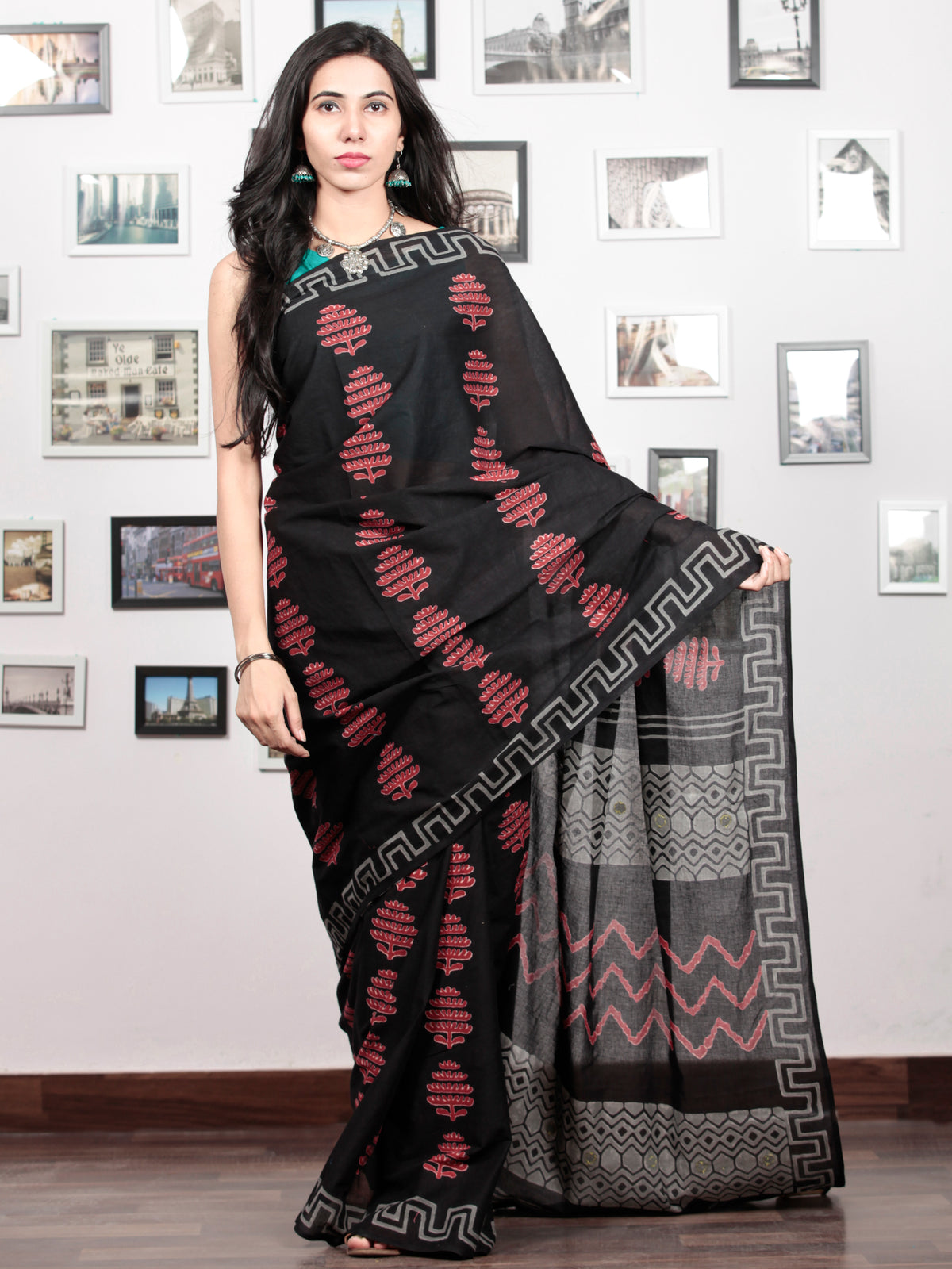 Black Red Grey Hand Block Printed Cotton Mul Saree With Mirror Work & Beads Tassels  - S031703025