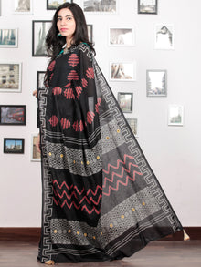 Black Red Grey Hand Block Printed Cotton Mul Saree With Mirror Work & Beads Tassels  - S031703025