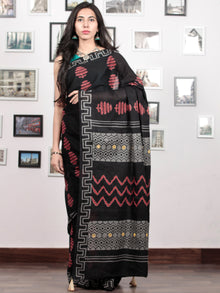 Black Red Grey Hand Block Printed Cotton Mul Saree With Mirror Work & Beads Tassels  - S031703025