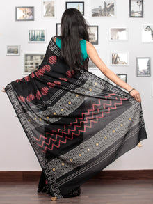 Black Red Grey Hand Block Printed Cotton Mul Saree With Mirror Work & Beads Tassels  - S031703025